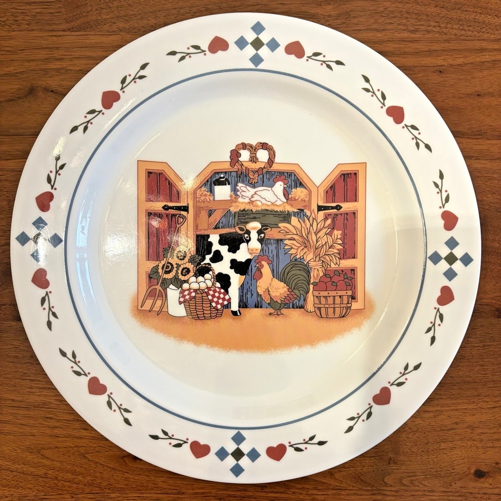 Vintage 1990s Gourmet Design Country Cow Melamine Dinner Plates Set of 9 White